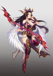 Rating: s Score: 11 Tags: 1girl angel_wings bare_shoulders black_hair boots breasts choker cleavage crown dress erect_nipples full_body glaive gradient gradient_background high_heel_boots high_heels highres large_breasts long_hair mxj original parted_lips purple_eyes solo staff thigh_boots thighhighs vambraces wings