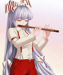 Rating: s Score: 4 Tags: 1girl bow eyes_closed female flute fujiwara_no_mokou hair_bow hair_ribbon instrument long_hair miyo_(ranthath) pants playing_instrument ribbon silver_hair solo suspenders touhou very_long_hair