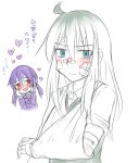 Rating: s Tags: 2girls aosora_(mizore) bandage blue_eyes cast monochrome multiple_girls original purple_hair red_eyes school_uniform serafuku skirt twintails