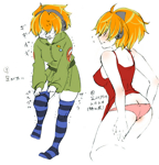 Rating: q Score: 12 Tags: 1girl ass bare_shoulders blush breasts brief_(psg) cleavage cosplay costume_switch dress freckles genderswap hair_over_eyes harayan headset jumpsuit large_breasts orange_hair panties panty_&_stocking_with_garterbelt panty_(cosplay) red_dress short_hair solo thighhighs underwear
