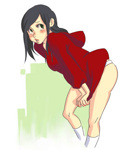 Rating: q Score: 5 Tags: black_hair blush covering embarrassed hoodie knees lipstick lowres makeup mariel_cartwright panties socks sweater thighs underwear