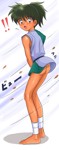 Rating: q Score: 5 Tags: !! 1boy absurdres ass blush green_hair highres inuyasha kohaku_(inuyasha) long_image looking_at_viewer looking_back no_panties open_mouth ponytail short_hair shota solo takenokoya tall_image upskirt white_background wind wind_lift