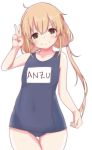 Rating: s Score: 11 Tags: 1girl blonde_hair brown_eyes character_name child futaba_anzu hard_translated idolmaster idolmaster_cinderella_girls long_hair looking_at_viewer name_tag one-piece_swimsuit ryuu. school_swimsuit simple_background smile solo swimsuit translated twintails v white_background