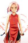 Rating: s Score: 11 Tags: 1girl bare_shoulders bike_shorts cowboy_shot dress flat_chest green_eyes haruno_sakura holding holding_weapon kunai looking_at_viewer naruto o96ap pink_hair red_dress short_hair shorts side_slit sleeveless sleeveless_dress solo weapon zipper