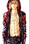 Rating: s Score: 2 Tags: 1boy abs black_pants blonde_hair cross death_note hands_in_pockets jacket jewelry leather looking_at_viewer male_focus mello necklace open_clothes open_shirt pants red_jacket scar simple_background solo white_background