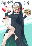Rating: e Tags: artist_request blush brown_hair censored cum_on_food double foreskin futanari hamburger nail_polish nun red_eyes saliva skullgirls smegma translation_request