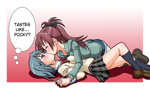 Rating: q Score: 17 Tags: 2girls blue_eyes blue_hair blush boots bow denim denim_shorts doku_donguri hair_bow hard_translated hoodie interlocked_fingers kiss mahou_shoujo_madoka_magica miki_sayaka multiple_girls plaid plaid_skirt puffy_sleeves red_hair sakura_kyouko school_uniform short_hair shorts skirt translated yuri