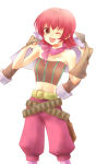 Rating: s Score: 1 Tags: 1girl bare_shoulders breasts iria_animi jacket midriff navel one_eye_closed open_mouth pants red_eyes red_hair short_hair socks solo tales_of_(series) tales_of_innocence wink