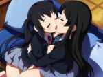 Rating: s Score: 75 Tags: 2girls akiyama_mio black_hair blush eyes_closed k-on! kiss legs long_hair multiple_girls nakano_azusa pillow same school_uniform shadow sitting skirt thighs tongue twintails wallpaper yuri