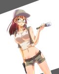 Rating: q Score: 25 Tags: 1girl baseball_cap belt blush breasts brown_eyes brown_hair crop_top dutch_angle explosive fio_germi glasses grenade gun handgun hat highres holding jacket large_breasts long_hair looking_at_viewer metal_slug midriff navel open_clothes open_jacket ponytail ruki_(coo) shirt short_shorts shorts snk solo standing weapon white_background white_shirt