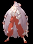 Rating: s Tags: bow fire fujiwara_no_mokou hair_bow hair_ribbon long_hair red_eyes ribbon silver_hair suspenders touhou transparent_background yumiya