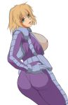Rating: q Score: 6 Tags: 1girl blonde_hair breasts breasts_outside cowboy_shot female green_eyes gundam gundam_side_story:_from_place_beyond_the_blaze hand_on_hip huge_breasts lilia_flaubert looking_at_viewer looking_back open_mouth pilot_suit simple_background small_nipples solo tsena white_background