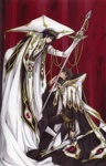Rating: s Score: 5 Tags: code_geass dress emperor_suit gem hat knight kururugi_suzaku lelouch_lamperouge red sword weapon