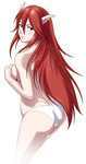 Rating: q Score: 11 Tags: 1girl ass breasts covering dimples_of_venus fire_emblem fire_emblem:_kakusei from_behind long_hair looking_at_viewer looking_back nintendo panties red_eyes red_hair simple_background smile solo standing thor_(deep_rising) tiamo topless underwear very_long_hair white_panties