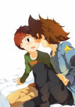 Rating: s Score: 4 Tags: 2012 2boys bed blush brown_hair digimon digimon_adventure_02 izumi_koushirou male_focus multiple_boys reach sitting yagami_taichi yaoi