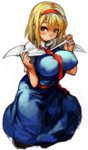 Rating: q Tags: 1girl alice_margatroid blonde_hair blue_dress blue_eyes blush breasts capelet covered_nipples dress hairband large_breasts rough sachito sash short_hair simple_background solo touhou white_background