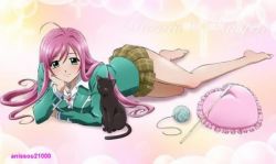 Rating: s Score: 16 Tags: akashiya_moka barefoot black_cat blush cat feet legs long_hair miniskirt pink_hair rosario+vampire school_uniform skirt smile toes