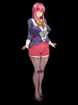 Rating: s Tags: 1girl bible_black black_background blush bowtie breasts feet highres huge_breasts legs long_hair looking_at_viewer nightmare_express pink_eyes pink_hair shoes simple_background skirt smile solo standing takashiro_hiroko thighhighs thighs uniform