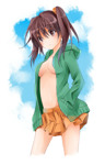 Rating: s Score: 7 Tags: breasts brown_hair cleavage female hand_in_pocket highres jacket long_hair natsu_(natume0504) navel open_clothes open_jacket original skirt solo