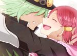 Rating: s Tags: 1boy 1girl blush breasts coat dezel_(tales) eyes_closed gradient_background green_hair hair_ornament hat hood jacket open_mouth red_hair rose_(tales) short_hair tales_of_(series) tales_of_zestiria