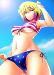 Rating: q Score: 13 Tags: 1girl alternate_hair_color american_flag_bikini armpits bad_hands bikini blonde_hair breasts cloud dutch_angle female flag_print from_below front-tie_top gradient_hair kazami_yuuka km_(artist) looking_down multicolored_hair navel print_bikini red_eyes short_hair side-tie_bikini sky smile solo star_print sun swimsuit touhou underboob youkai
