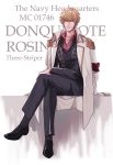 Rating: s Tags: 1boy blonde_hair character_name donquixote_rocinante epaulettes formal jacket jacket_on_shoulders legs_crossed male_focus marine military_uniform one_piece sitting solo uniform