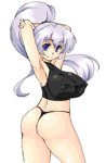 Rating: q Score: 13 Tags: 1girl armpits arms_up ass black_panties blue_eyes breasts erect_nipples female from_behind huge_breasts long_hair looking_back lute_(apocalypselibrary) no_bra no_pants original panties ponytail purple_hair shirt simple_background solo standing thong underwear