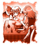 Rating: s Tags: 2girls apron bat_wings buntaichou chopsticks cooking food izayoi_sakuya maid_apron maid_headdress mob_cap monochrome multiple_girls noodles remilia_scarlet short_hair touhou wings