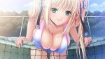 Rating: q Score: 75 Tags:  bangs bent_over bikini blonde_hair blush bursting_breasts chainlink_fence choker cleavage cloud erect_nipples fence frills game_cg gradient green_eyes hair_ornament hair_ribbon kyonyuu_majo large_breasts long_hair looking_at_viewer nail_polish naughty_face net outdoors q-gaku sky smile solo swimsuit tenma_cecile tennis_net thigh_gap tree twintails waffle 