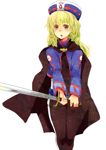 Rating: s Tags: 1girl belt blonde_hair blue_eyes bodysuit cape chloe_valens chloe_valens_(cosplay) cosplay hat shirley_fennes sword tales_of_(series) tales_of_legendia weapon