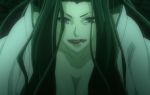 Rating: s Score: 4 Tags: 1girl black_hair brave_10 breasts corset highres kaiyo_(brave_10) large_breasts long_hair okatsu purple_eyes red_lipstick screencap solo