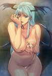 Rating: e Score: 93 Tags: 1girl aqua_hair areolae bat_wings blue_eyes breasts capcom cum cum_on_body cum_on_breasts cum_on_lower_body cum_on_upper_body demon_girl fingernails green_hair head_wings highres homare_(fool's_art) large_breasts legs licking long_fingernails long_hair looking_at_viewer morrigan_aensland nail_polish naughty_face navel nipples nude simple_background sitting solo succubus thighs tongue tongue_out vampire_(game) wings