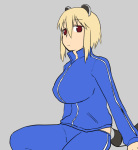 Rating: s Score: 1 Tags: 1girl animal_ears araiguma-san blonde_hair breasts flat_gaze grey_background huge_breasts looking_at_viewer original raccoon_ears raccoon_tail red_eyes short_hair simple_background sitting solo tail track_suit tsukudani_(coke-buta)