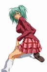 Rating: q Score: 21 Tags: female footwear green_eyes green_hair highres ikkitousen miniskirt ryofu_housen school_uniform skirt smile socks solo