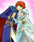 Rating: q Score: 16 Tags: aqua_hair bare_shoulders belt blue_eyes blush cape couple dress eliwood fire_emblem fire_emblem:_rekka_no_ken hair_ornament hand_holding hand_on_hip hand_on_shoulder happy highres hips hug long_hair long_sleeves ninian open_mouth pink red_eyes red_hair short_hair smile tiara