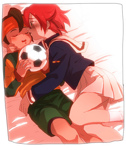 Rating: s Score: 9 Tags: 2boys ball bed blush brown_hair crossdressing endou_mamoru headband inazuma_eleven inazuma_eleven_(series) kiyama_hiroto multiple_boys red_hair short_hair sleeping soccer_ball trap