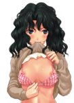 Rating: q Score: 28 Tags: 1girl amagami black_eyes black_hair blush bra bra_pull breasts chikkun_(tikuona) female looking_at_viewer messy_hair mouth_hold naughty_face nipple_slip nipples nude open_clothes school_uniform shirt_lift simple_background smile solo sweater tanamachi_kaoru underwear white_background