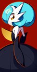 Rating: s Score: 4 Tags: alternate_color alternate_form back blue_hair dress eyelashes from_behind gardevoir gloves looking_back lotosu mega_gardevoir mega_pokemon no_humans orange_eyes pokemon red_background shiny_pokemon short_hair smile yellow_eyes