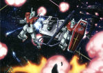 Rating: s Score: 5 Tags: battle explosion gm_(mobile_suit) gun gundam gundam_the_ride:_a_baoa_qu mecha mobile_suit_gundam official_art rocket_launcher shield space war weapon zaku