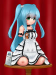 Rating: s Tags: 1girl amputee blue_hair blush bow choker dress green_eyes lolita_fashion looking_at_viewer mikeysukairain open_mouth quadruple_amputee ribbon ribbon_choker sitting solo table twintails very_long_hair