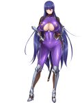 Rating: s Tags: akiyama_rinko aoi_nagisa_(artist) blue_hair bodysuit breasts cleavage cleavage_cutout covered_navel fishnets hand_on_hip kote large_breasts long_hair ninja purple_eyes sheathed taimanin_yukikaze_2 underboob