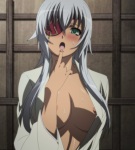 Rating: q Score: 40 Tags: 1girl areola_slip areolae blush breasts cleavage dark_skin eyepatch finger_in_mouth green_eyes highres hyakka_ryouran_samurai_girls large_breasts long_hair nipple_slip nipples open_mouth sexually_suggestive silver_hair solo sweat white_hair yagyuu_gisen