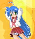 Rating: q Tags: :3 blue_hair blush green_eyes izumi_konata long_hair lucky_star mole panties school_uniform serafuku skirt striped striped_panties underwear