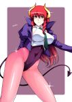 Rating: q Score: 4 Tags: 1girl breasts demon_tail female hiromin horns large_breasts long_hair looking_at_viewer mercedes_(viper) necktie pantyhose red_hair shiny solo tail viper viper_gts