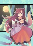 Rating: s Tags: 1girl anarogumaaa animal_ears brooch brown_hair forest imaizumi_kagerou jewelry long_hair moon nature shadow solo tail touhou