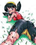 Rating: q Tags: 1girl ass bandanna bare_shoulders bike_shorts black_hair blood blush breasts brown_hair bruise crying crystal_(pokemon) cuts from_behind grass hun impaled legs long_hair looking_down lying nintendo on_stomach open_mouth pokemon pokemon_(game) pokemon_gsc sideboob solo spikes tears torn_clothes