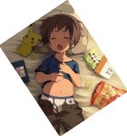 Rating: s Score: 13 Tags: 1boy bed briefs brown_hair child food highres lying navel nintendo nintendo_ds on_back open_mouth pants pikachu pillow pokemon saliva short_hair sleeping solo unbuttoned underwear