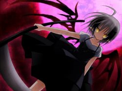 Rating: s Tags: ahoge dress expressionless grey_hair haiga_yomi moon night original pointy_ears rionoil scythe shinigami solo trap weapon wings yellow_eyes