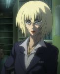 Rating: s Score: 1 Tags: 1girl blonde_hair breasts glasses grey_eyes kurozuka rai red_lipstick screencap short_hair solo suit