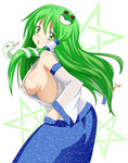 Rating: q Score: 14 Tags:  1girl blush breasts detached_sleeves erect_nipples female frog_hair_ornament green_eyes green_hair hair_ornament hair_tubes highres japanese_clothes kochiya_sanae large_breasts long_hair long_skirt looking_at_viewer macro_(macroo) miko no_bra open_mouth profile sideboob skirt snake solo standing star touhou yuu->_(macro) 